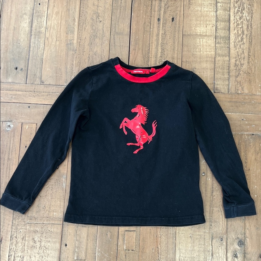 Ferrari Kids Long Sleeve Black Shirt With Red Logo Size 4 Unisex